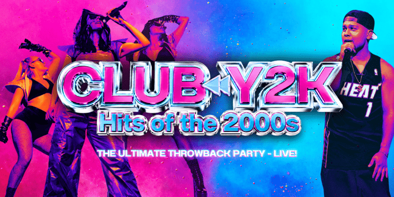 Neon-lit graphic for Club Y2K hits of the 2000s throwback party featuring silhouetted dancers against vibrant pink and blue background.
