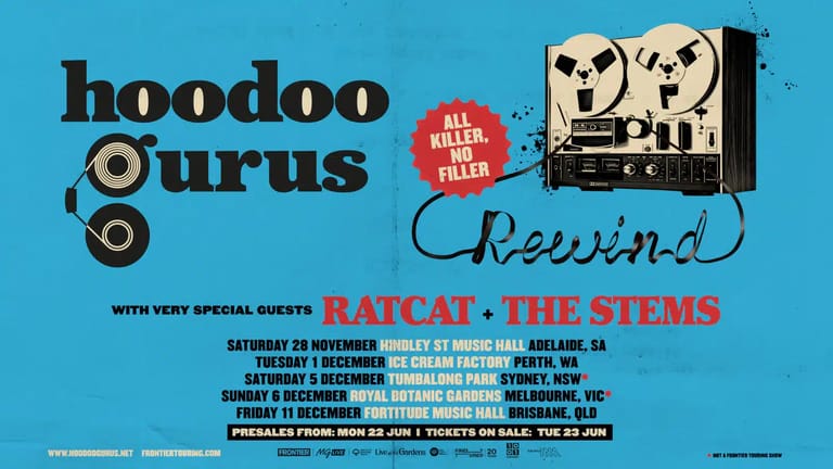 Hoodoo Gurus tour poster featuring band name, vintage reel-to-reel tape imagery, and supporting acts RATCAT and The Stems listed for December dates.