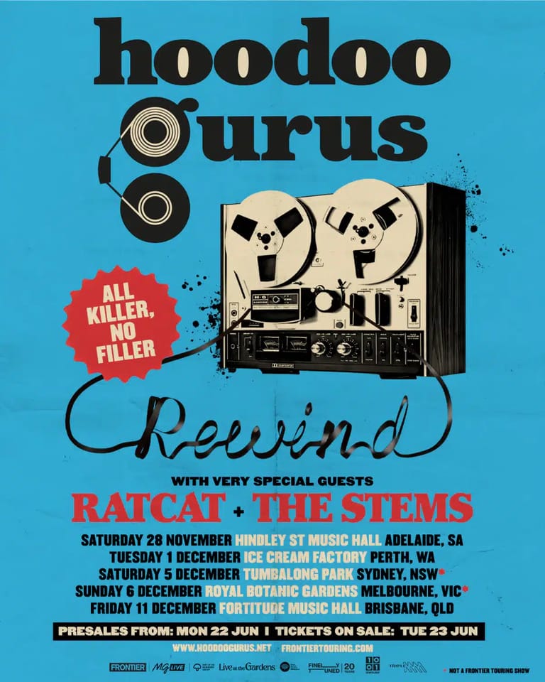 Hoodoo Gurus "Rewind" tour poster featuring a vintage reel-to-reel tape machine against a bright blue background.