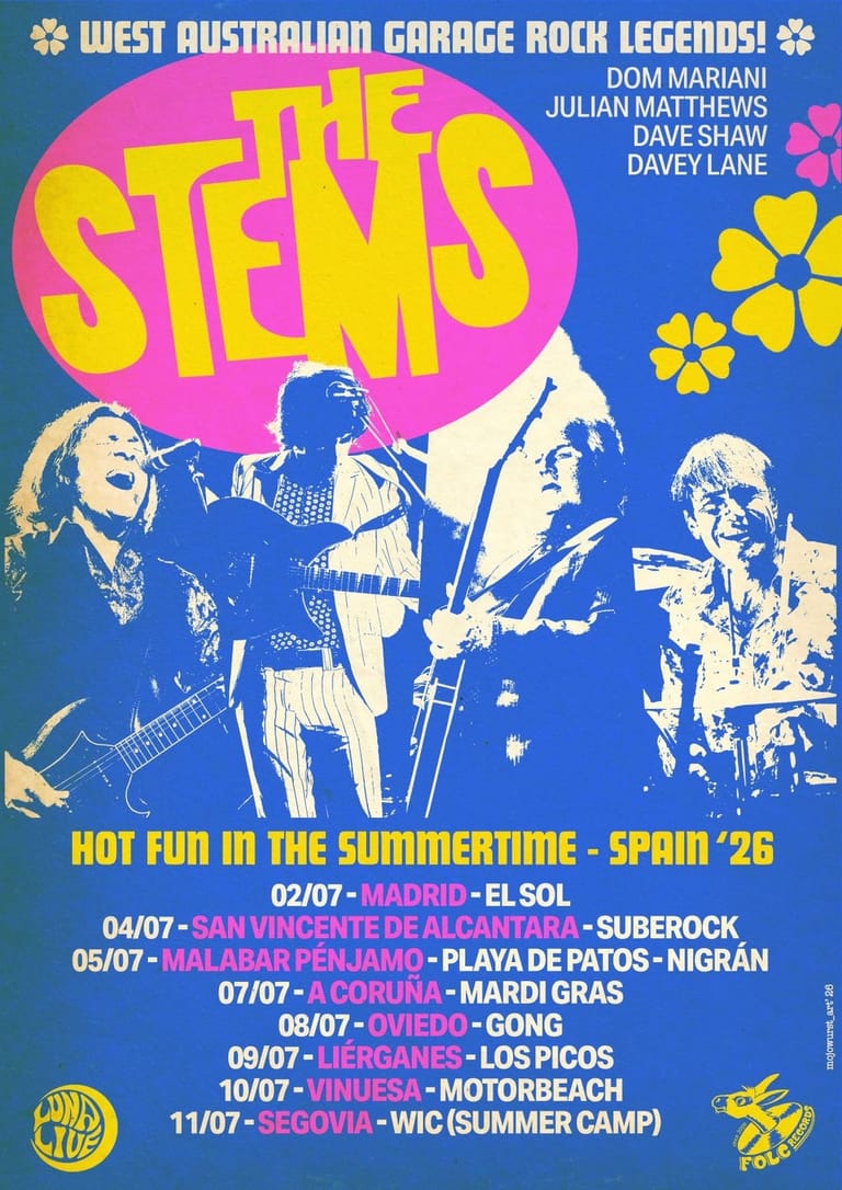 The Stems tour poster featuring four band members in blue and yellow pop art style with bright pink circular logo and European summer dates listed.
