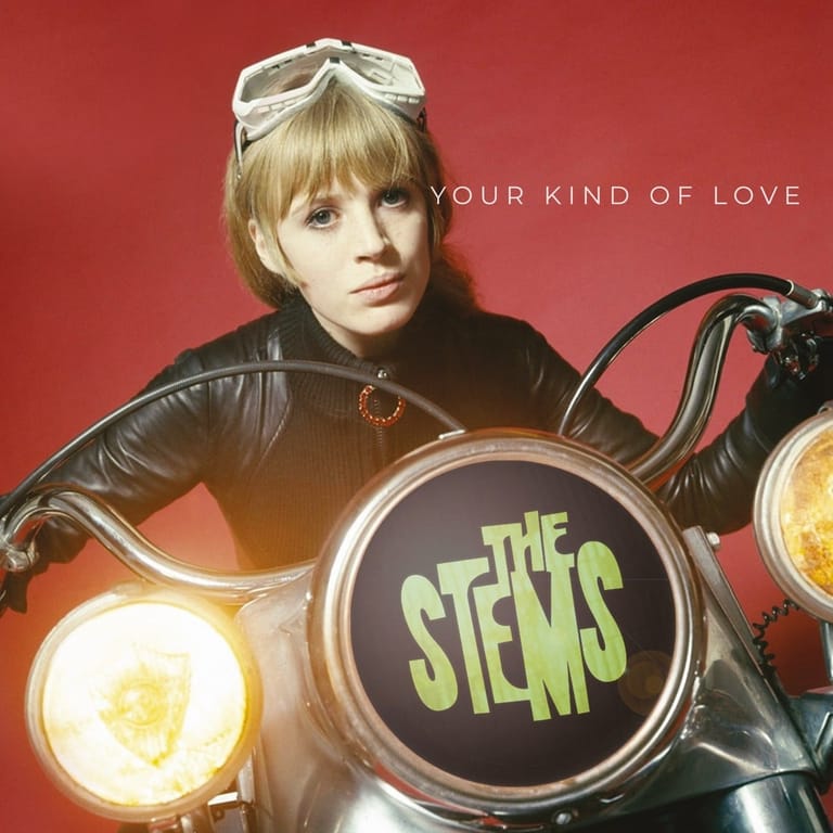 Person with blonde bangs wearing sunglasses and black leather jacket posed against red background with illuminated drum kit branded "The Stems".