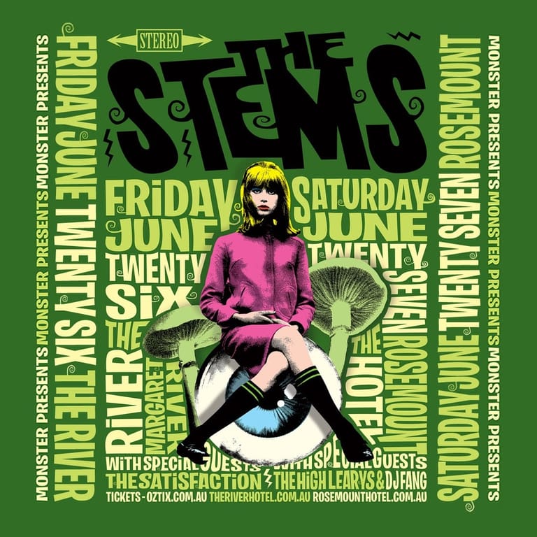 Person in magenta shirt and black boots seated against green poster for music festival on Friday and Saturday, June twenty-six.