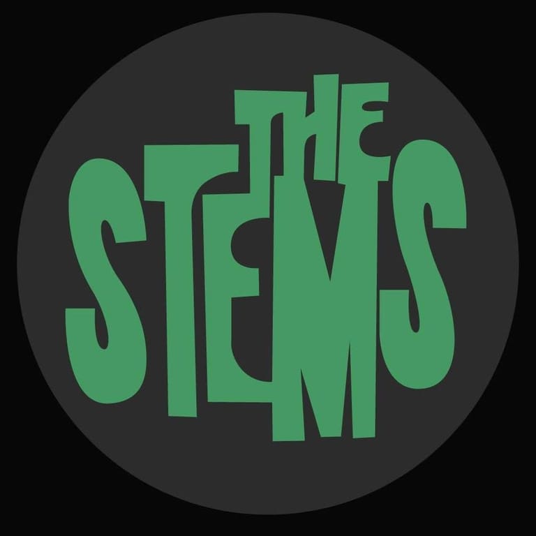 Green block lettering spelling "THE STEMS" on a dark circular background.