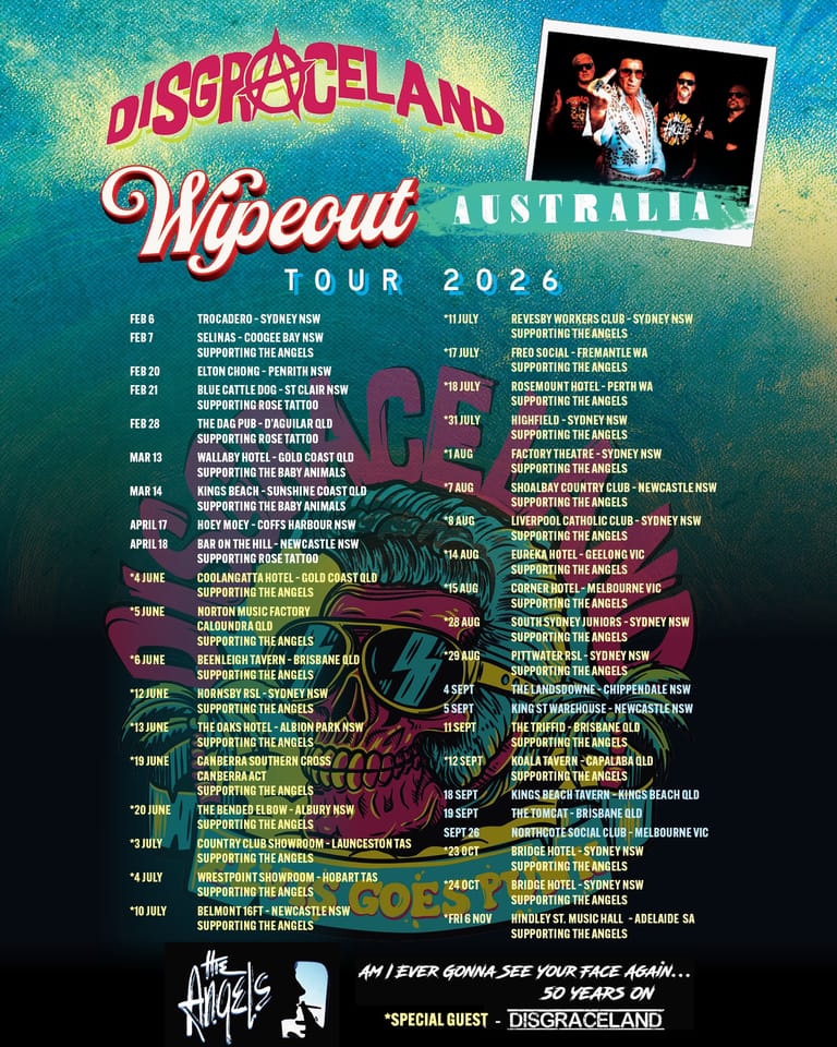 Colourful tour poster for Wipeout Australia 2026 featuring band photo and extensive venue listings against vibrant gradient background.
