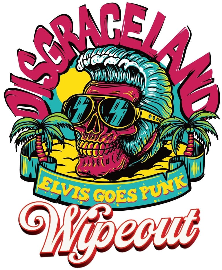 Vibrant poster artwork featuring a skull wearing sunglasses and turquoise hair, flanked by palm trees, with "Elvis Goes Punk" text and tropical design elements.
