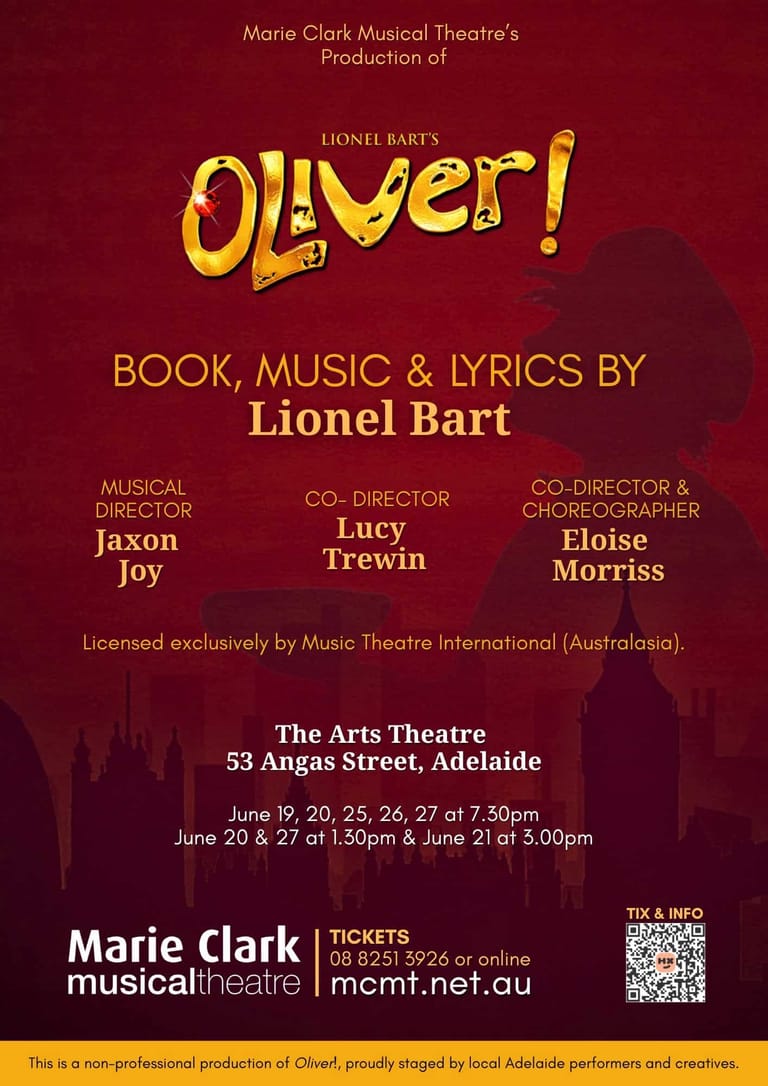 Oliver! theatre poster for Marie Clark Musical Theatre production displayed in gold and burgundy text.