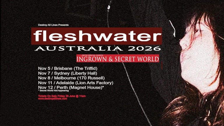 Fleshwater Australia 2026 tour poster featuring a close-up of a performer's face with long dark hair against a black background.