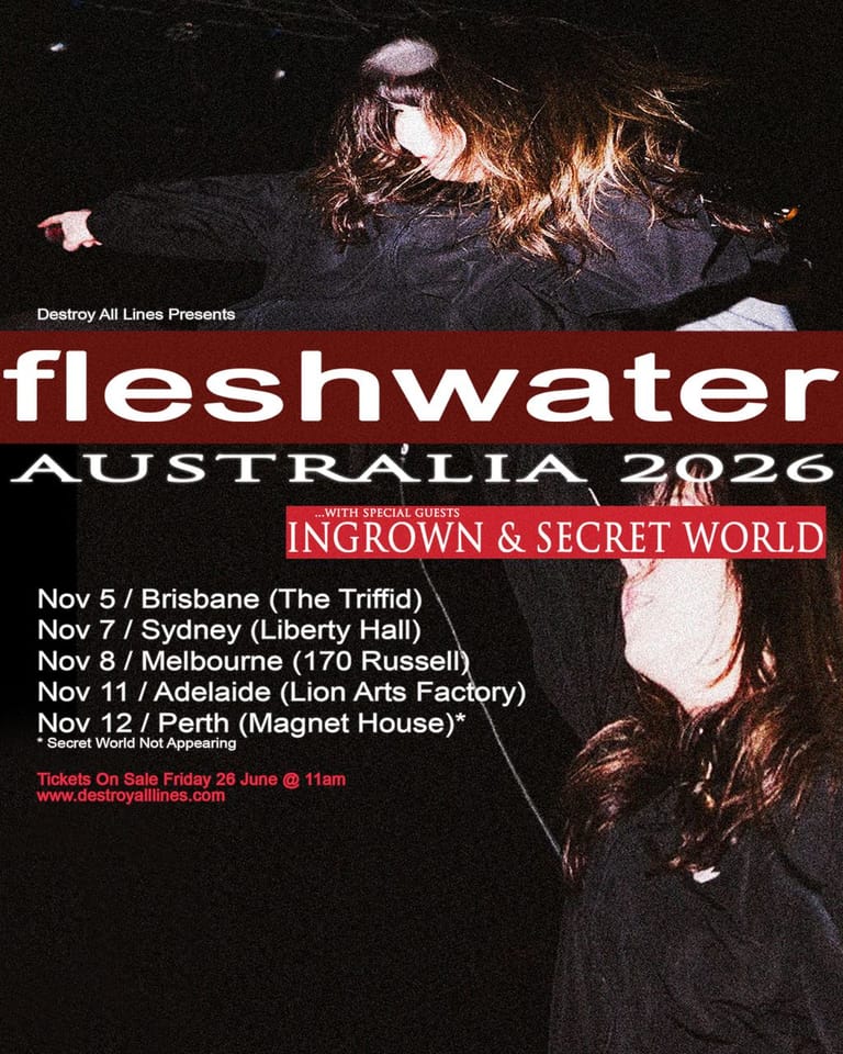 Fleshwater tour poster featuring a performer with long dark hair in dramatic stage lighting, promoting the Australia 2026 tour.