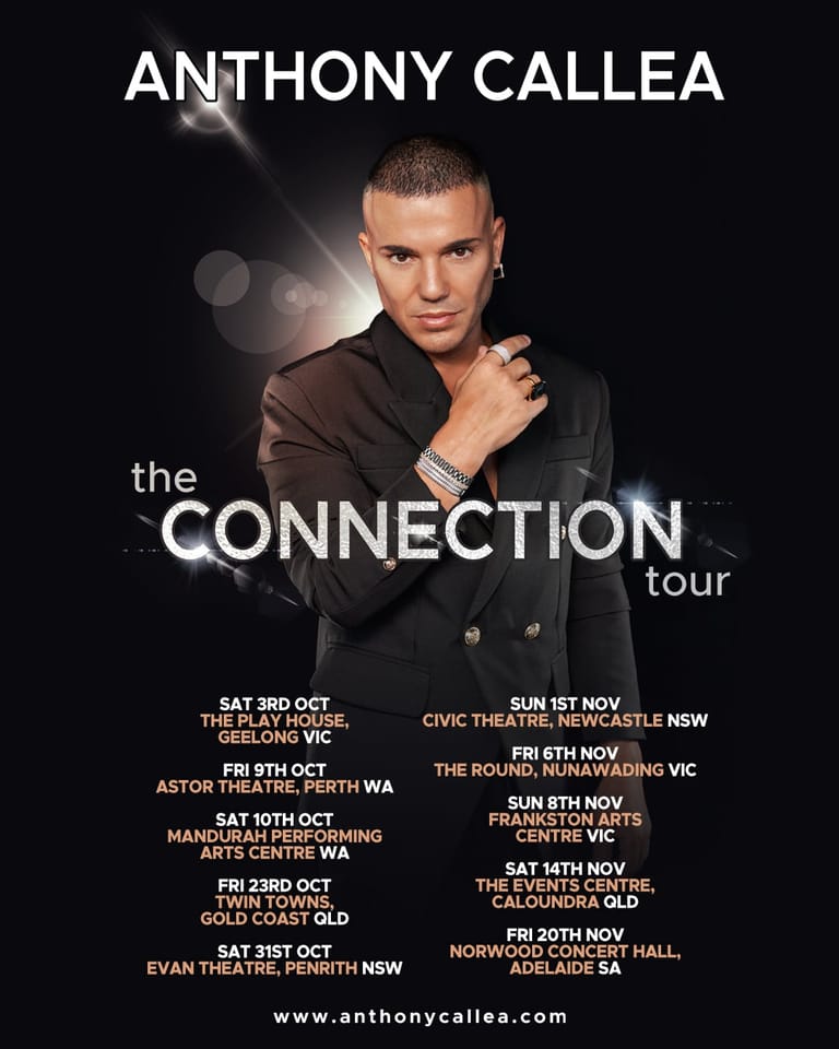 Anthony Callea in black blazer against dark background, with tour dates listed for The Connection tour.