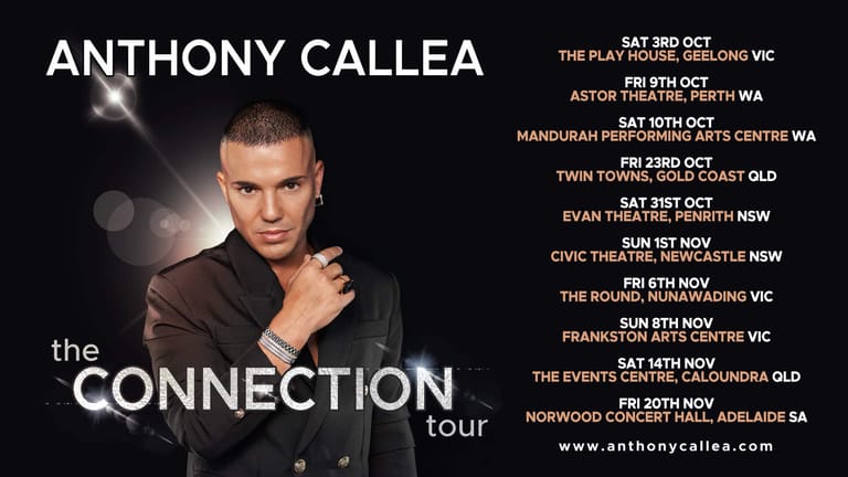 Anthony Callea in a brown jacket against a softly lit dark background, promoting The Connection tour dates across Australian cities.