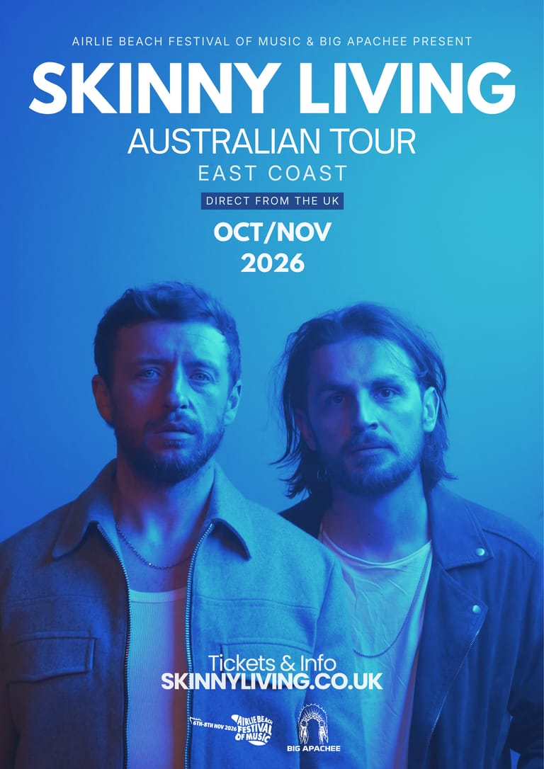 Two men bathed in blue stage lighting promote Skinny Living's Australian tour on the east coast in October and November 2026.
