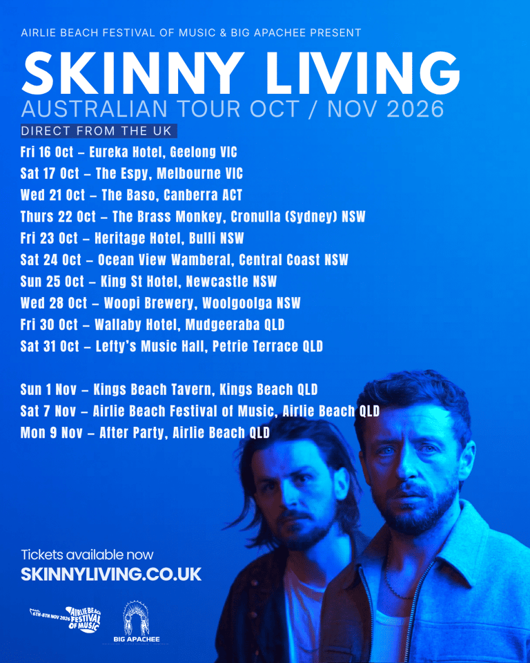 Two men lit by blue stage lighting on a Skinny Living Australian tour poster for October–November 2026.