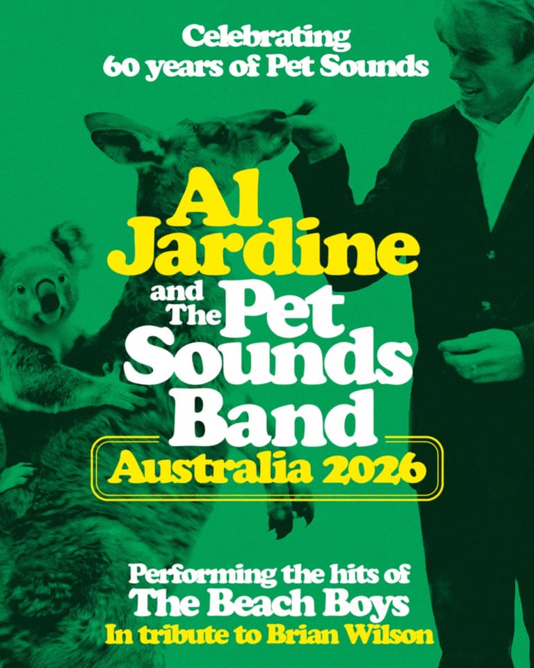Al Jardine and The Pet Sounds Band promotional poster with green-toned vintage photograph and yellow and white text advertising Australia 2026 tour dates.