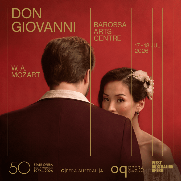 Two opera performers in period costume face each other against a deep red background, promotional poster for Don Giovanni at Barossa Arts Centre.