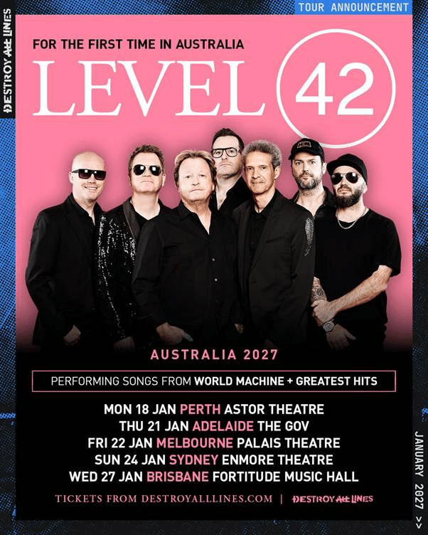 Level 42 band members posed against a pink background with Australian tour dates for January 2027 listed below.