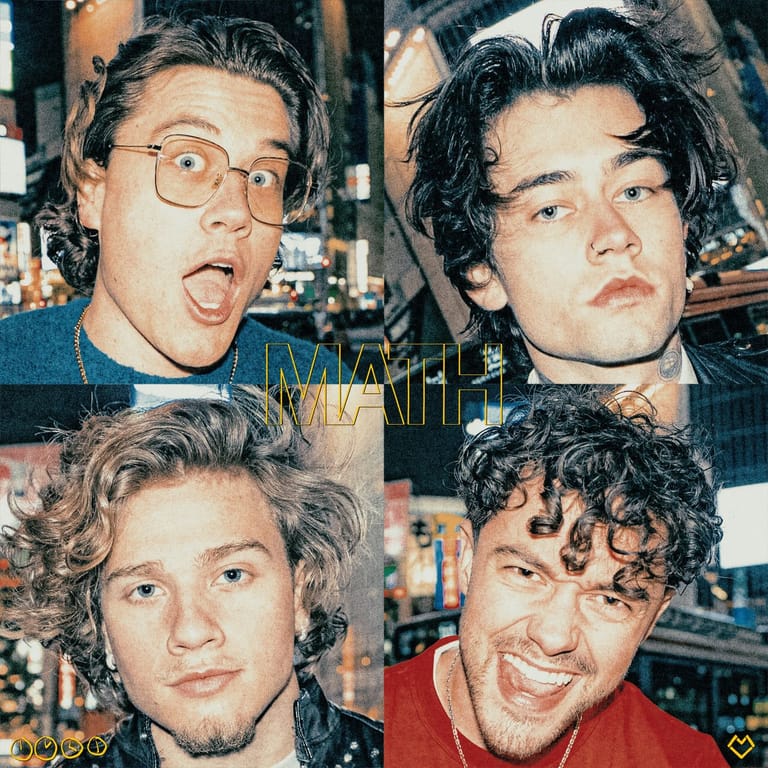 Four young men in a collage showing various expressions and styling against an urban backdrop.