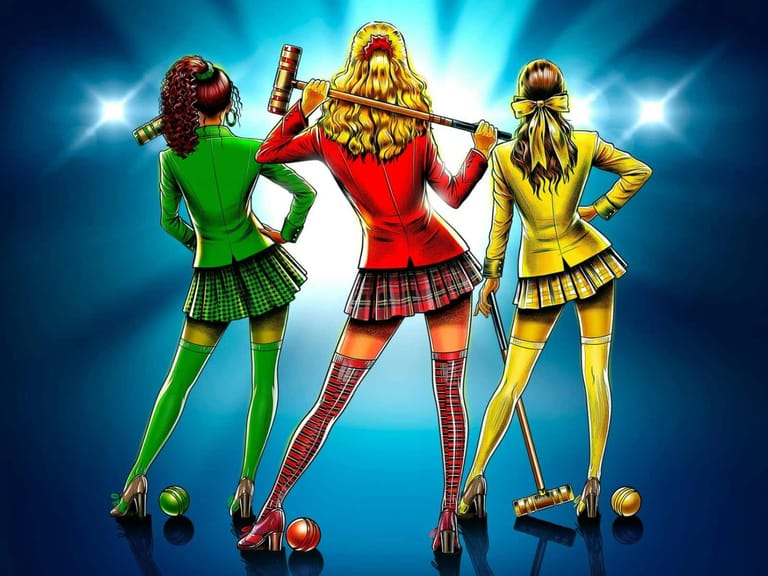 Three performers in bright coloured suits—green, red, and yellow—strike confident poses against blue stage lighting.