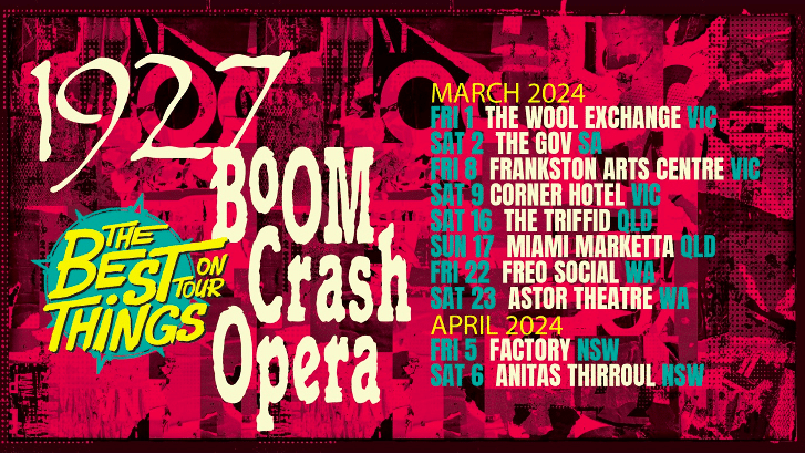 Vibrant pink and teal promotional graphic for 1927 Room Crash Opera tour, featuring bold typography and venue listings for March 2024.