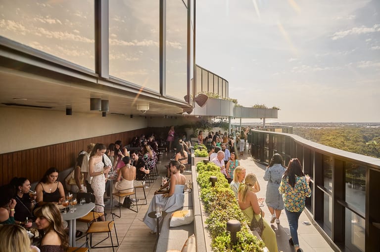 Guests mingle on an elevated rooftop terrace with expansive views across a flat landscape under a cloudy sky.