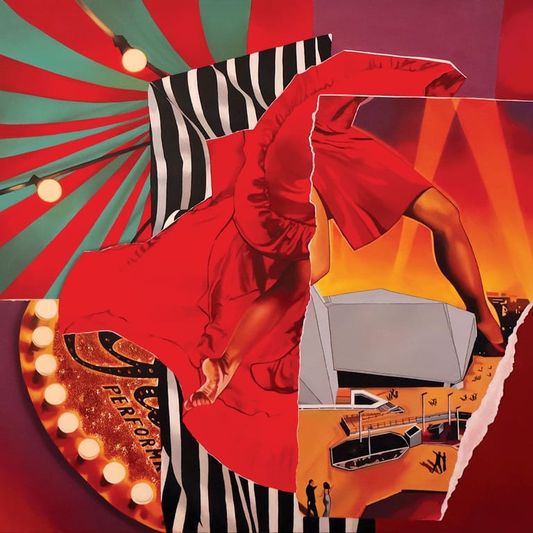Vibrant collage featuring a figure in red fabric, zebra-striped cone, vintage television, and glowing marquee lights against bold red and green background.