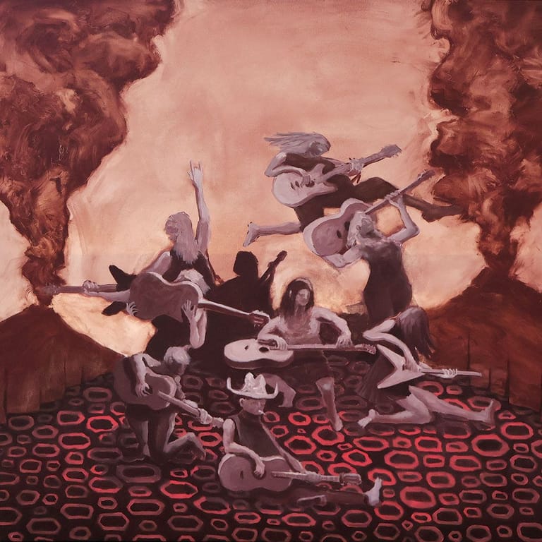 Multiple musicians perform energetically on stage surrounded by dramatic red-toned atmospheric clouds and geometric patterned flooring.