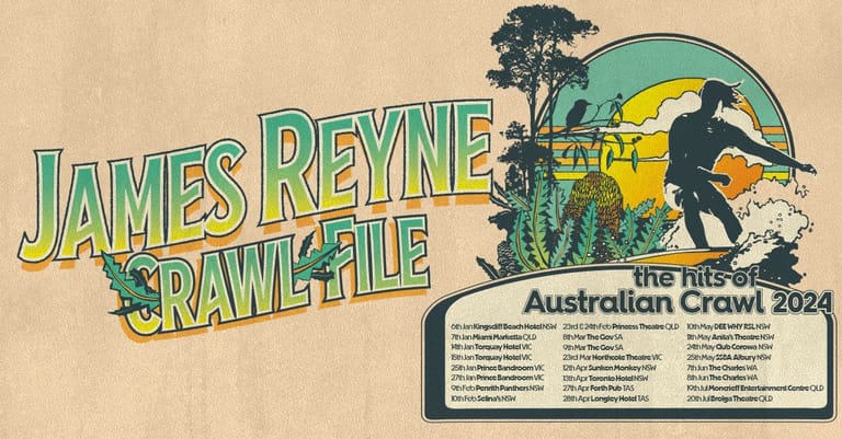 James Reyne Australian Crawl 2024 tour logo featuring retro-styled text and vintage touring artwork against a cream background.