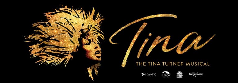 Golden profile silhouette of a face with spiky hair next to "Tina: The Tina Turner Musical" text and logos.