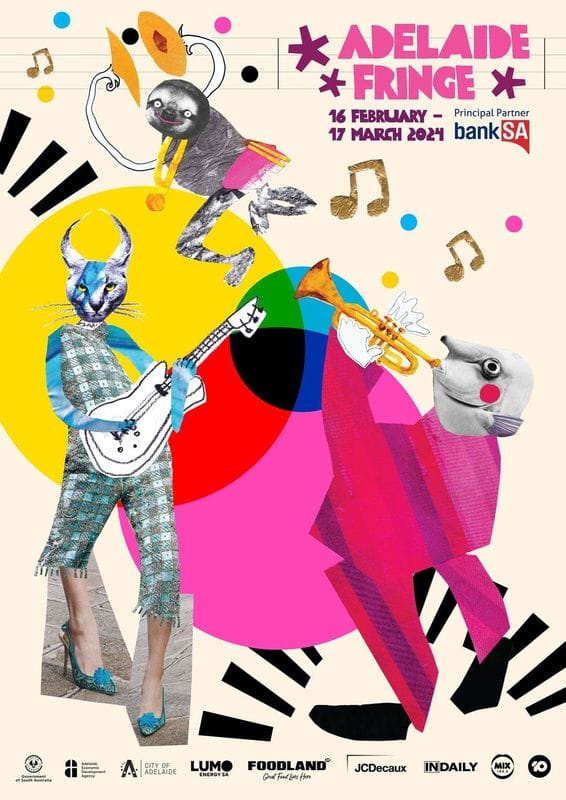 Adelaide Fringe 2021 promotional poster featuring vibrant collage of illustrated musicians playing guitar and trumpet amid colourful geometric shapes and musical notes.