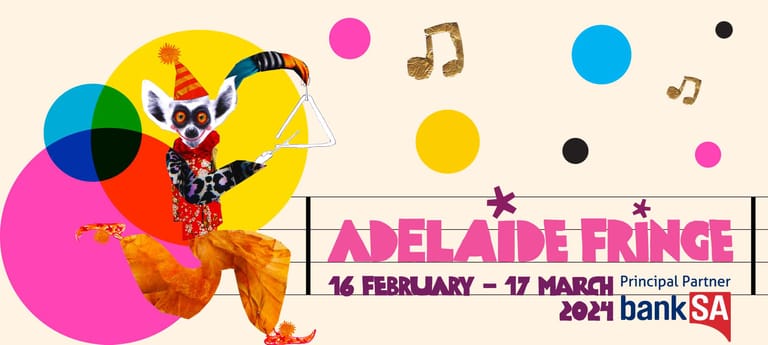 Colourful clown character with geometric shapes and musical notes advertising Adelaide Fringe Festival, 16 February–17 March 2024.