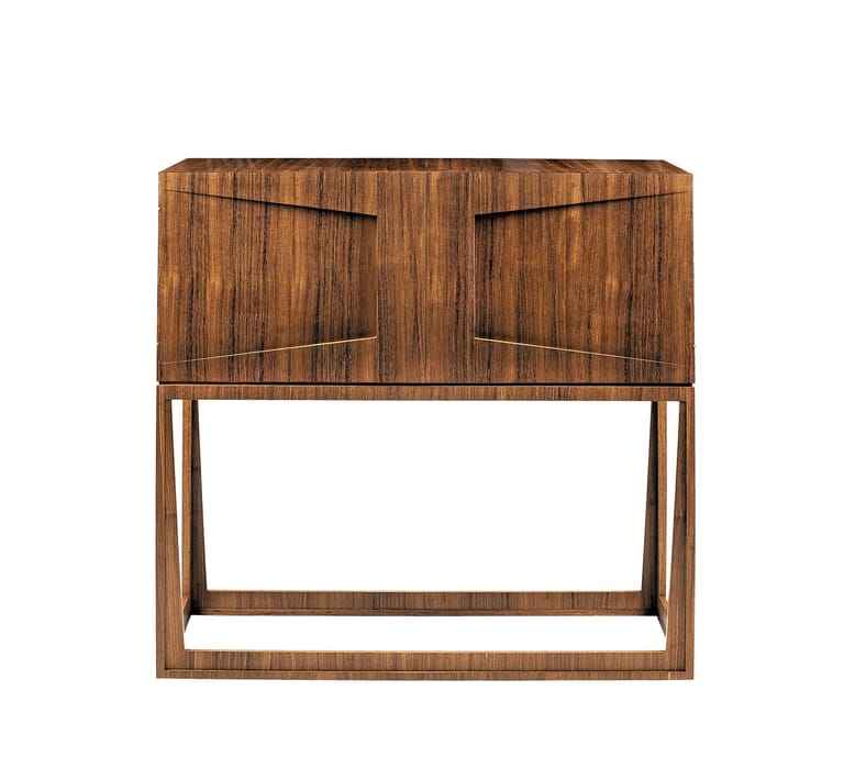 Mid-century modern wooden cabinet with curved top and tapered legs against white background.