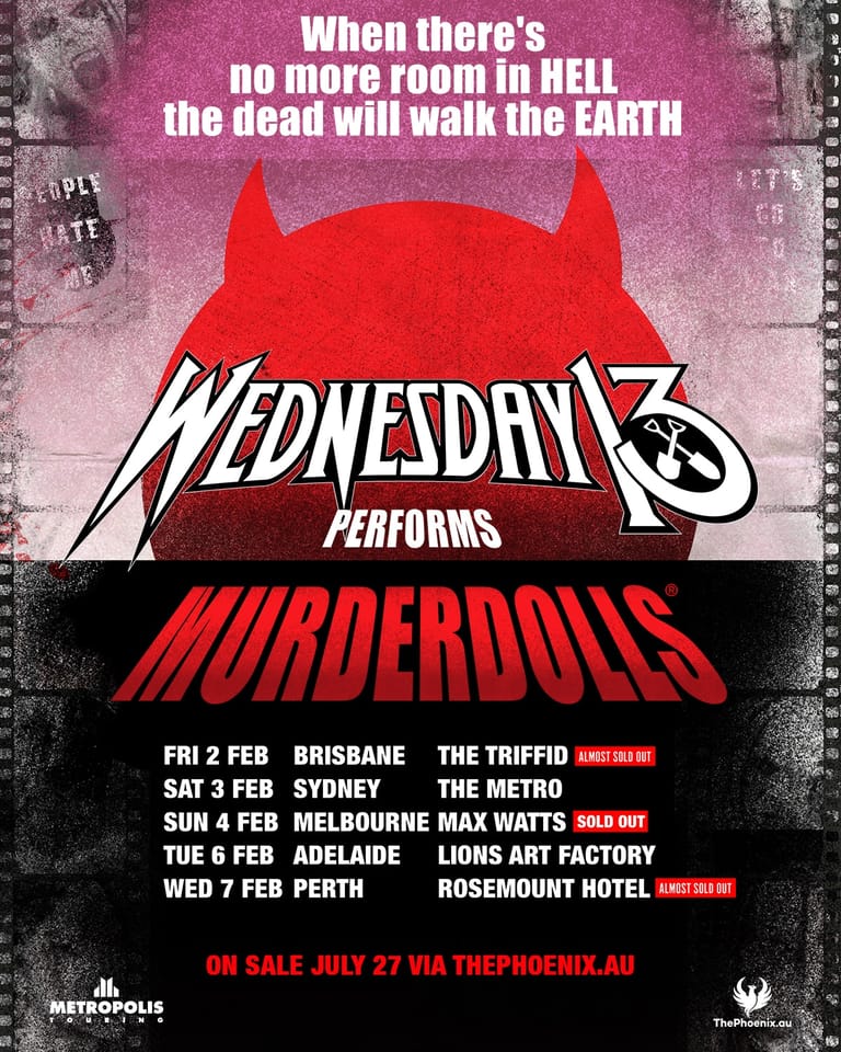 Wednesday 13 tour poster featuring red devil horns silhouette and Murderdolls headline text with Australian venue dates.