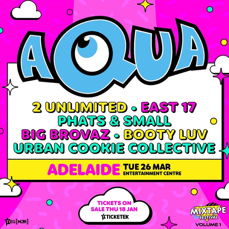Bright magenta poster for AQOA music event featuring colourful text listing performers and venue details against a playful cloud and star-decorated background.