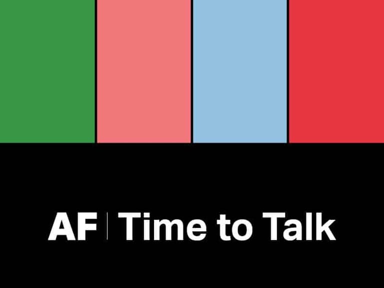 Coloured vertical stripes in green, pink, blue and red above white text reading "AF Time to Talk" on black background.