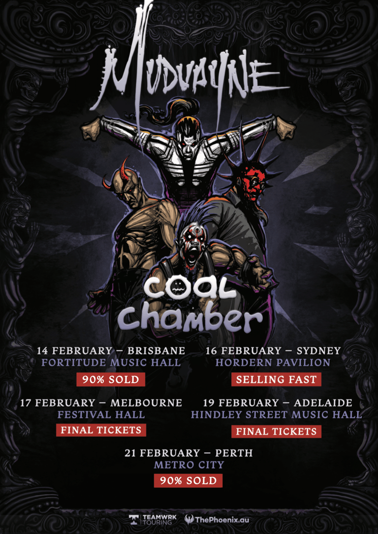 Dark promotional poster for Mudvayne and Coal Chamber tour featuring costumed band members with weapons against ornate black background.