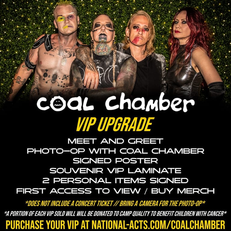 Four members of Coal Chamber stand against a gold-speckled backdrop for a VIP meet-and-greet promotional image.