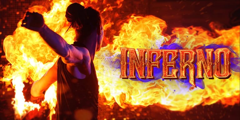 Performer silhouetted against massive flames with "INFERNO" text overlay in fiery orange and purple.