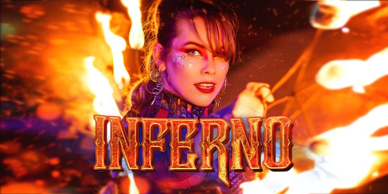 Person with short dark hair and red lipstick surrounded by orange flames and glowing light effects, with "INFERNO" text overlay.