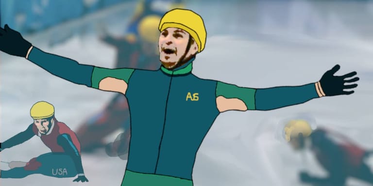 Speed skater in green and yellow uniform celebrates with arms outstretched on ice track.