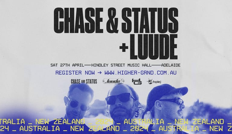 Concert poster for Chase & Status and Luude featuring blue-tinted promotional imagery and event details for Hindley Street Music Hall, Adelaide.