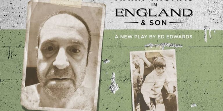 Theatre poster for "England in Engelsund & Son" featuring aged photographs and weathered green background.