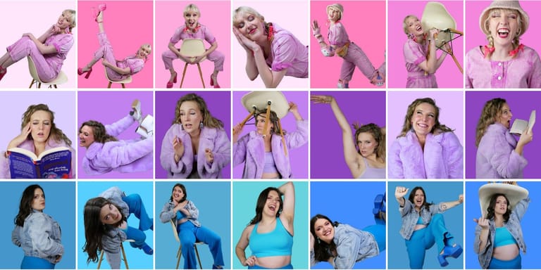 Grid of 21 performers in coordinated pink and purple outfits posed against matching coloured backdrops.