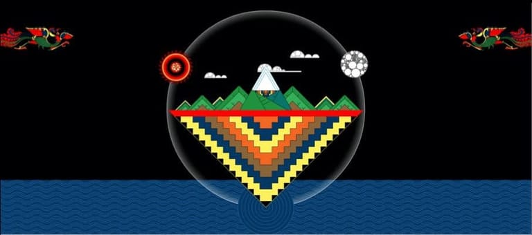 Colourful geometric mountain design enclosed in a circular frame against a black and blue background.