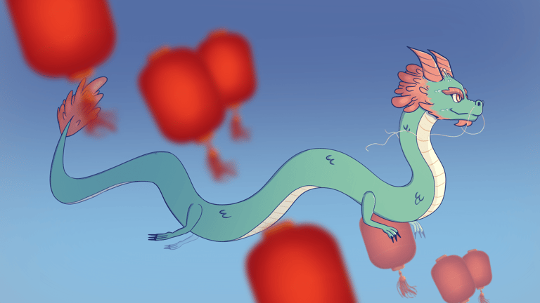 Stylised illustration of a green serpentine dragon creature surrounded by floating red spheres against a blue background.