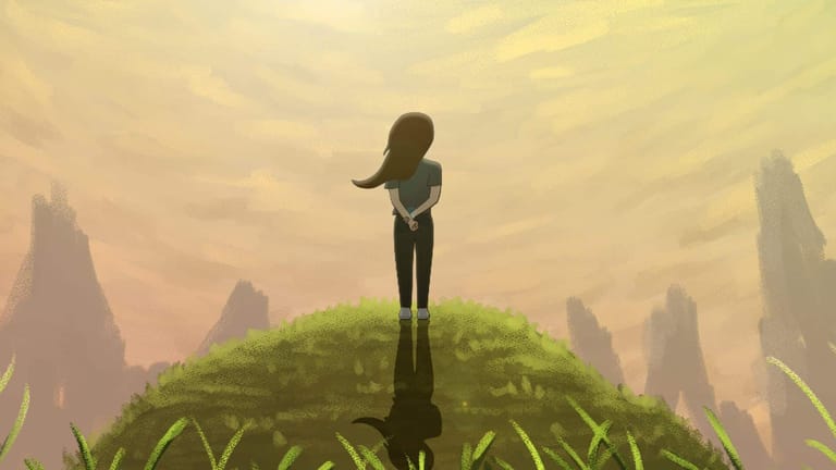 Silhouetted figure standing on a verdant mound overlooking a misty, mountainous landscape at dawn.