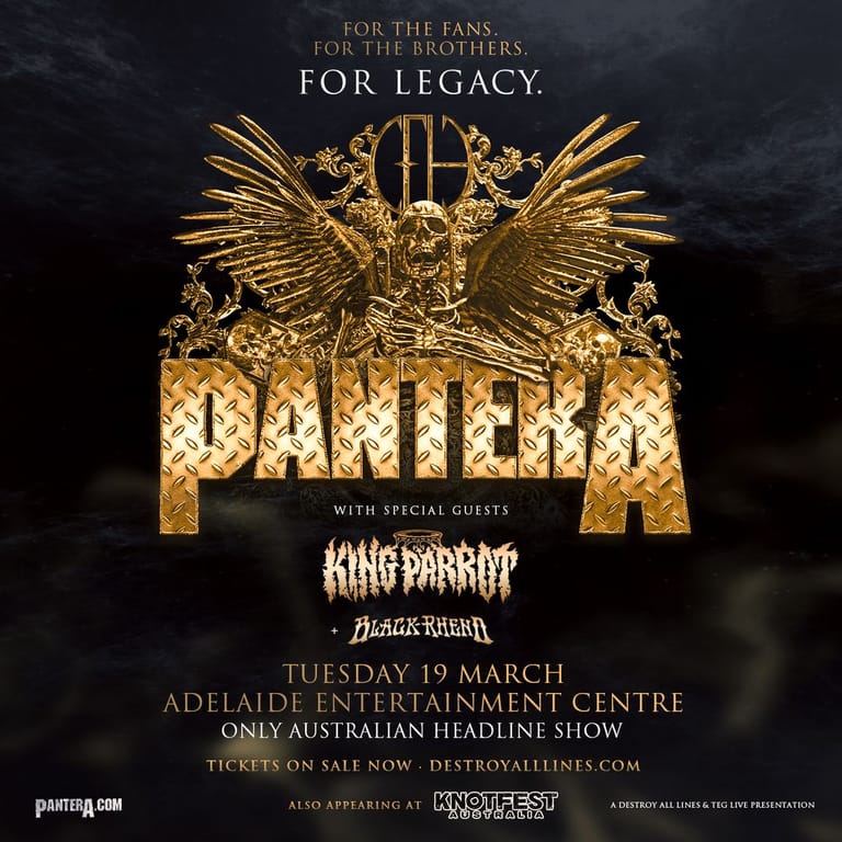 Gold-emblazoned eagle and skull logo for Pantera's Adelaide Entertainment Centre headline show on 19 March.