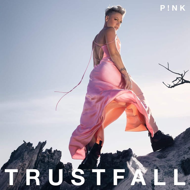 Person in flowing pink and orange fabric stands on rocky terrain against a clear sky, hair blowing in wind.