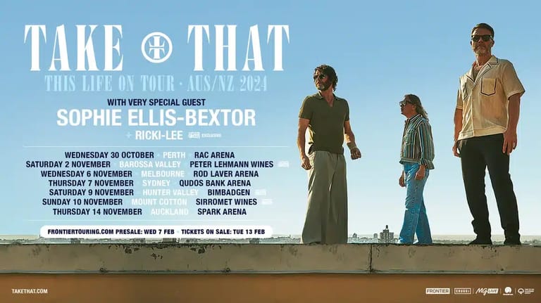 Take That tour poster featuring four band members standing against a blue sky with 2024 Australian tour dates listed.