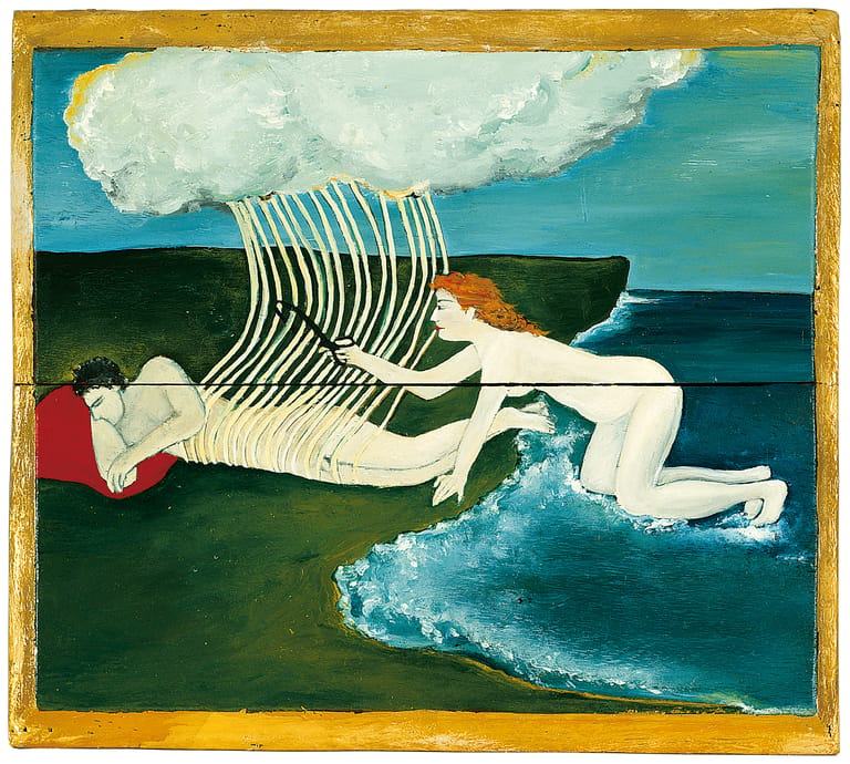 Figure in striped swimwear reclines on green grass beside turquoise ocean waves under cloudy sky.