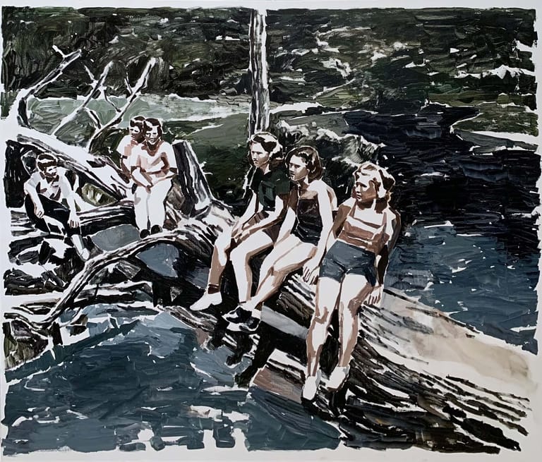 Group of people sitting on driftwood logs by water in stylised black and white artwork.