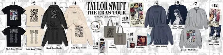 Taylor Swift merchandise collection displaying clothing, accessories, and branded items arranged on a white background.